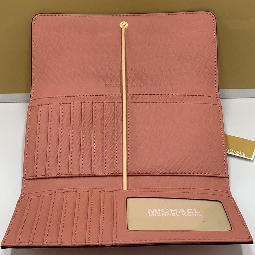 MICHAEL KORS JET SET TRAVEL LARGE TRIFOLD WALLET SUNSET ROSE COLOR - Picture 9 of 16